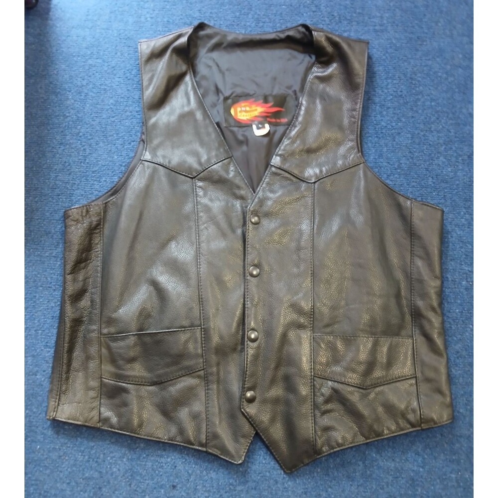 Vintage PNC Black Leather Motorcycle Snap Button Vest  Pockets Large